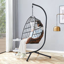 Indoor Outdoor Egg Swing Chair with Stand, Patio Grey Wicker Rattan Hanging Chair with Rope Back, Cushion,Cover,All Weather Foldable Hammock Chair for Bedroom, Porch, Garden