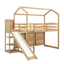 Walker Edison - Twin Size Wood House Loft bed with Slide, Storage shelves and Light, Climbing Ramp, Wood Color