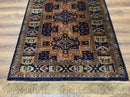 Vintage Afghan Rug 4x6, Navy Blue and Light Brown, Geometric Medallions, Wool on Wool, Tribal Rug