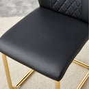 A modern minimalist style round transparent tempered glass table with gold metal legs, paired with 4 modern PU leather high-back dining chairs, bring a luxurious experience.