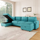 Convertible U-shaped Sectional Sofa with Storage Chaise Lounges & USB Ports, Teal, Twill Polyester, 103.9'
