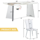 Table and chair set.63'x31.5x30' Luxurious Pandora patterned Sintered Stone Tabletop with Silver Stainless Steel Legs.Paried With 4 White PU Chairs with a vertical stripe design on the backrest.