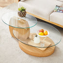 Modern Light Wood Grain Double Layer Coffee Table - Versatile Design, Multiple Colors, MDF and Reinforced Glass, Oval Countertop