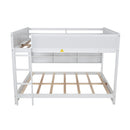 Queen Over Queen Bunk Bed with Built-in Storage Cabinets,Charging Station,Ladder,Safety Guardrails,Solid Pine Wood Bunk Bed,White