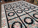 Floral Needlepoint Rug 9.5 x 13.6, Floral Panel Design, Black and Ivory Flatweave Aubusson Carpet, Multicolor