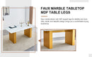 Table and chair set.Large modern rectangular table with 0.4 inch patterned glass tabletop and large MDF table legs.Comes with 8 chairs with faux leather cushioned seats and golden metal legs.