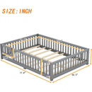 Full Size Bed Floor Bed with Safety Guardrails and Door for Kids, Gray