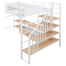 Full Size Metal Loft Bed with Staircase,Low Storage Table and Storage Shelves,White
