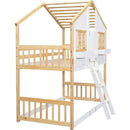 Twin over Twin House Bunk Bed with Roof, Window, Window Box, Door, with Safety Guardrails and Ladder, Natural/White