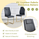 A modern minimalist style round transparent tempered glass table with gold metal legs, paired with 4 modern PU leather high-back dining chairs, bring a luxurious experience.