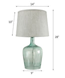 19"h Artisanal Hand-Blown Aqua Green Sea Glass Coastal Style Table Lamp with Textured Oatmeal Drum Shade