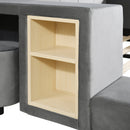 Queen Size Upholstered Grounded Bed, Mother & Child Bed with Bedside Desk and Little Round Stool, Velvet, Gray