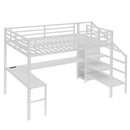 Queen Size Loft Bed with L-shaped Desk and USB, Metal Loft Bed with Wardrobe and Adjustable Shelf, High Loft Bed with LED for Kids Teens Adults, White
