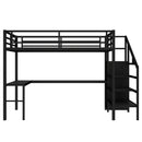 Queen Size Loft Bed with L-shaped Desk and USB, Metal Loft Bed with Wardrobe and Adjustable Shelf, High Loft Bed with LED for Kids Teens Adults, Black