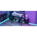 Full Size Metal Loft Bed Frame with Storage Shelf and LED Light,Iron mesh,Black