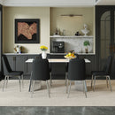 Table and chair set.63*31.4 Inch Luxurious Cold Jade Sintered Stone Dining Table Set - 6 Black Chairs With Silver Metal Legs.Modern Light Luxury.Perfect For Dinner Room,Meeting Room,Kitchen,etc.