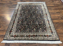 Silk Indian Kashmiri Rug 5x7, Navy Blue Indo Persian Silk Carpet 5 x 7 ft, Hand Knotted Handmade Very Fine Oriental Carpet, 450 KPSI, Birds
