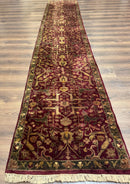 Indo Persian Runner Rug 2.7 x 13.8, Maroon, Wool, Handmade Indian Rug for Hallway