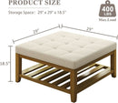 Oversized Ivory Upholstered Ottoman With Wooden Shelf