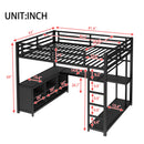 Metal Loft Bed with Wardrobe and L-shaped Desk, Queen Size Loft Bed with Storage Cubes and Shelves, Loft Bed for Kids Teens Adults, Black