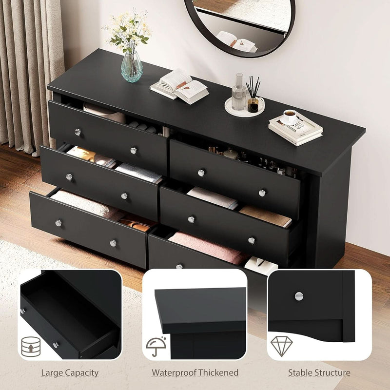 Black Dresser With Six Deep Drawers For TV Storage