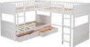 L Shaped Solid Wood Bunk Bed White Twin Over Twin Over Twin With 2 Drawers