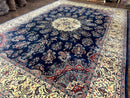 Sino Persian Kerman Rug 10x14, Blue and Beige, Floral Medallion, Fine 240 KPSI