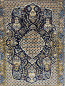 Fine Persian Qum Rug 3x5, Semi Antique Vintage Oriental Ghom Carpet, Floral Medallion, Highly Detailed, Hand Knotted, Navy Blue, Wool Area Rug, Birds