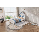 Full Size House-Shaped Bed with Bookcase Headboard and Led Light and Twin Size Trundle for Kids Boys Girls, Blue+ White