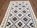 Semi Antique South American Blanket 4x8, Wool Hand-Woven Flatweave Kilim Rug, Handmade Antique Vintage Runner, Ivory & Blue, Diamond Panel