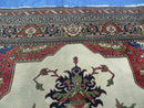 Persian Tabriz Rug 10x13 Oriental Carpet, Ivory Open Field, Geometric Medallion, Red Blue, Hand Knotted, Large Wool Area Rug Vintage Antique 1950s