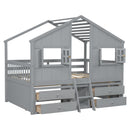 Full Size House Loft Bed with Roof, Windows,4 Storage Drawers,Pine Wooden Bed with Safety Guardrails,Ladder,Grey