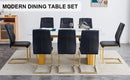 Table and chair set.Large modern rectangular table with 0.4 inch patterned glass tabletop and large MDF table legs.Comes with 8 chairs with faux leather cushioned seats and golden metal legs.