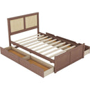 Full Size Wood Storage Platform Bed with 4 Drawers, Rattan Headboard, Espresso