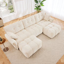 Elegant Textured Chenille 3 Seater Sofa Set with Ottoman and Throw Pillows in Sturdy Solid Wood Frame, White