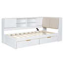 Wooden Twin Size L-shaped Daybed Corner Bed Under-bed Drawers  with Storage Bookcase and Upholstered Headboard and USB Charging Ports for Limited Space,White