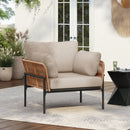 Beige and Light Wood-Tone Rope Iron Lounge Chair with Cushions for Natural and Modern Spaces