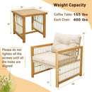 3 Piece Acacia Wood Patio Furniture Set With Beige PE Wicker Cushioned Chairs And Coffee Table
