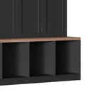 [Assembly Video Provided] Farmhouse Hall Tree with 4 Hidden Hanging Hooks, Versatile Walnut Seating Bench with 8 Doors, Entryway Shoe Cabinet with Open Compartments for Living Room, Black