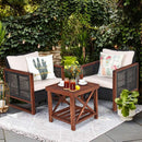 3 Piece Patio Wicker Furniture Set With Beige Washable Cushions And Acacia Wood Coffee Table