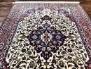 Wonderful Persian Isfahan Rug 7x9, Ivory Navy Blue Red, Floral Medallion, Very Finely Hand Knotted 260 KPSI, Handmade Wool Vintage Rug