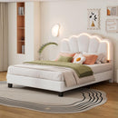 Full Size Upholstered Flower-Shape Bed, Elegant Flowers Headboard with LED Light Strip, Sherpa Fabric Platform Bed with Wooden Slats Support, White