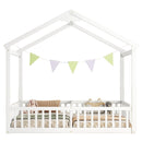 Double Twin House-Style Floor Bed with Fence, Guardrails, without door, White(Old Sku:W504P143317)