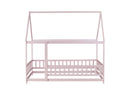 Full Size House Floor Wooden Bed with Roof Frame, Safety Guardrails,Pink