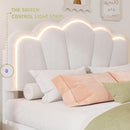 Full Size Upholstered Flower-Shape Bed, Elegant Flowers Headboard with LED Light Strip, Sherpa Fabric Platform Bed with Wooden Slats Support, White