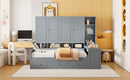 Full Size Wooden Daybed With Three Drawers, and All-in-One Cabinet, Desk and Shelves, Gray