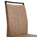 Table and chair set.A minimalist retro rectangular dining table with a textured top and black metal legs.Paired With 4 Brown technology fabric chairs with Featuring arched black legs.