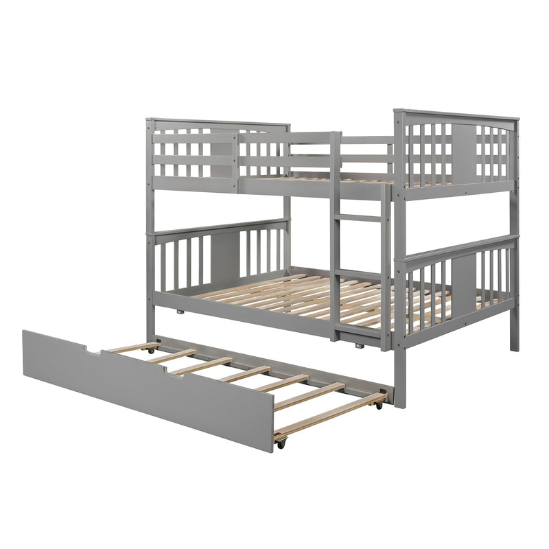 Full over Full Bunk Bed with Twin Size Trundle and Ladder-White