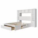 Full Size Pine Wood Platform Bed with All-In-One 2 Nightstand, Storage Shelf and Cabinet Bookcase with 2 Charging Stations, Multi-Functional Captain Bed Frame with 3 Drawers, No Box Spring Needed