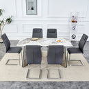 Table and chair set.63'x31.5x30' Luxurious Pandora patterned Sintered Stone Tabletop with Silver Stainless Steel Butterfly Legs.Paried With 6 Dark Gray High-quality PU Chairs With Arched Metal Legs.